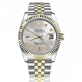 Rolex 36mm Datejust White Mother Of Pearl with Baguette & Round Diamond Dial Fluted Bezel