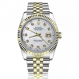 Rolex 36mm Datejust White Mother Of Pearl Diamond Dial with Roman Numeral Track 2 Tone Watch