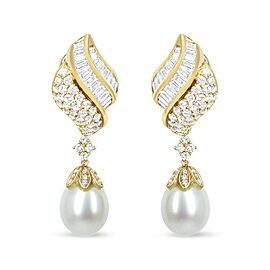 18k Yellow Gold 7.0 Cttw Baguette and Round Diamond South Sea Pearl Drop Dangle Clip-On Earrings (F-G Color, VS1-VS2 Clarity)