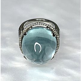 18K White Gold Oval Cut Cabochon Aquamarine Diamond Ring