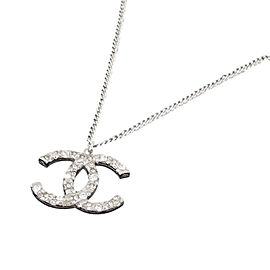 Chanel Silver Tone Hardware And Rhinestone CC Logo Necklace