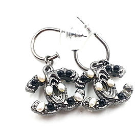 Chanel Gunmetal CC Mini Simulated Glass Pearl Dangle Ruthenium Piercing Earrings