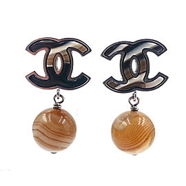 Chanel Silver-Tone Metal & Petrified Wood Bead CC Earrings