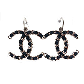 Chanel Silver Tone CC Black Ribbon Dangle Large Piercing Earrings