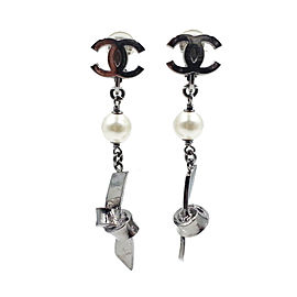 Chanel Silver-Tone Metal & Simulated Glass Pearl Ribbon CC Knot Clip-On Earrings
