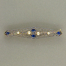 14k Yellow Gold Platinum Yogo Montana Deco Sapphire Pearl Cultured Vintage Pin