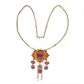 14K Yellow Gold with Amethyst & Freshwater Pearl Pendant Dangle Vintage Cable Link Chain Necklace