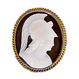 Vintage Hand Carved Banded Hardstone Agate Pin â€“ 14k Gold Frame Roman Soldier