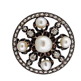 14k Yellow Gold Cultured Pearl Old Mine Diamond Vintage Pin 1800s