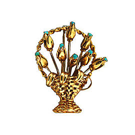 Estate Italian 18k Yellow Gold Wire 2 Dimensional Turquoise Basket Flower Pin