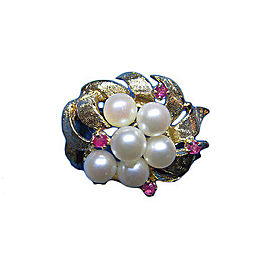 Vintage Estate Florentined 14k Gold Textured Pinkish Pearl Ruby Flower Pin