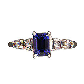 Vintage Art Deco Platinum with 1.02ct Violet Emerald Cut Sapphire and Diamond Ring Size 7
