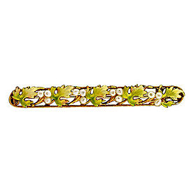 Estate Antique 1900s Green Yellow & White Enamel Vine Leaf Natural Pearl Bar Pin
