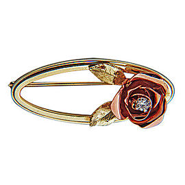 1940 - 1950 Retro 14k Krementz Pink Green Gold Rose Flower and Leaf Diamond Pin