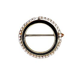 Vintage Antique 1920'S 14k Black Enamel Natural Seed Pearl Open Circle Pin