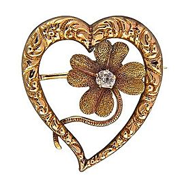 Mid 1800s Victorian 14k Pink Green Gold Open Heart 4 Leaf Clover Diamond Pin