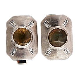 Natural Chrysoberyl Cat's Eye Platinum Baguette Diamond Cuff Link Shirt Stud Set
