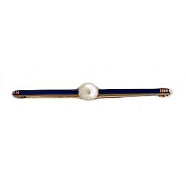 Vintage Antique 14k Yellow Gold Natural Pearl Bright Blue Hand Enamel Bar Pin
