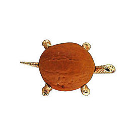 Estate Designer Cellino 14k Yellow Gold Walnut Shell Tortoise Pin, Ruby Eyes