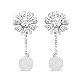 True 18K White Gold 1.00 Cttw Diamond and 3.5mm Cultured Freshwater Pearl Floral Drop Stud Earrings (F-G Color, SI2-I1 Clarity)