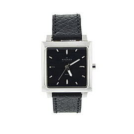 Skagen 251LSLB Mens Watch Square Stainless Steel Black Dial Leather Strap