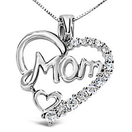 .925 Sterling Silver 1/4 Cttw Round Diamond "Mom" Heart Pendant 18" Necklace (I-J Color, I3 Clarity)