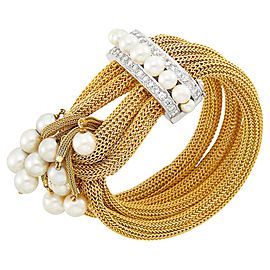 6 1/8Four Strand Gold Mesh, White Gold, Cultured Pearl and Diamond Fringe Bracelet