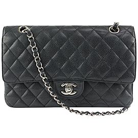 Chanel Black x Silver Quilted Caviar Leather Medium Classic Double Flap 122c9
