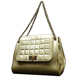 Chanel Quilted Metallic Accordion Flap Pearl 224475 Gold Leather Satchel