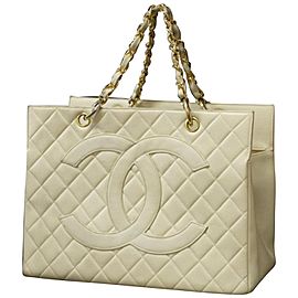 Chanel Shopping Quilted Timeless Grand 234426 Ivory Caviar Leather Tote
