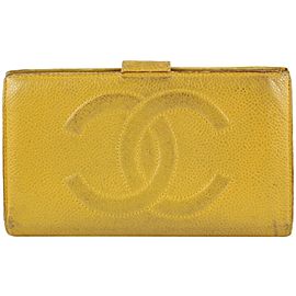 Chanel Yellow Mustard Caviar CC Logo Long Flap Wallet L-Gusset Yen 7CCs1223