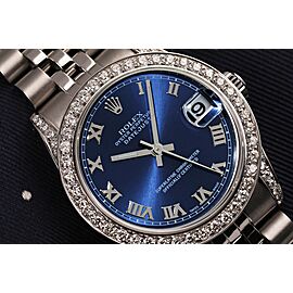 Rolex 31mm Datejust Custom Diamond Bezel & Lugs Blue Roman Numeral Dial Stainless Steel Watch