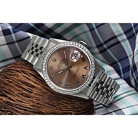 Rolex Oyster Perpetual 36mm Datejust Salmon Dial with Roman Numerals Stainless Steel Watch Diamond Bezel