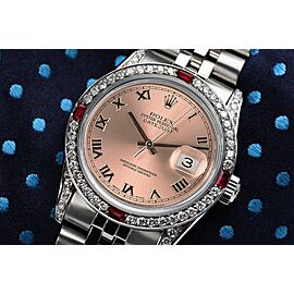 Rolex 31mm Datejust Salmon Roman Numeral Dial with Diamonds and Rubies Stainless Steel Watch