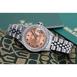 Rolex 26mm Datejust Salmon Dial With Roman Numerals Custom Diamond Bezel and Lugs Jubilee Band
