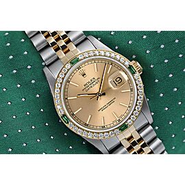 Women's Rolex 31mm Datejust Vintage Diamond Bezel with Emeralds Two Tone Champagne Dial