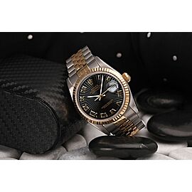 Rolex Oyster Perpetual 36mm Datejust Sunbeam Black Dial with Roman Numerals Two Tone Jubilee Watch