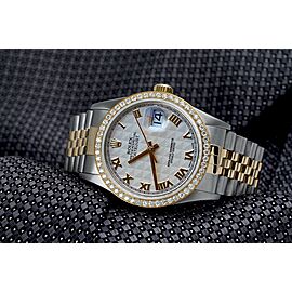 Rolex 36mm Datejust Diamond Bezel Cream Pyramid Roman Dial Jubilee Band Two Tone Watch