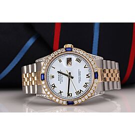 Rolex 36mm Datejust White Roman Dial Two Tone 16013 Watch with Blue Sapphires