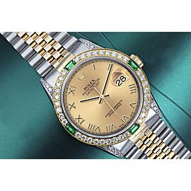 Rolex Datejust Champagne Roman Dial with Emerald & Diamond Bezel Two Tone Watch Jubilee Band