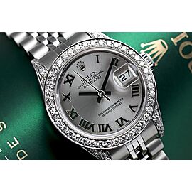 Rolex 26mm Datejust Grey Roman Dial Diamond Bezel and Lugs Jubilee Band