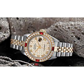 Ladies Rolex Datejust 26mm Cream Pyramid Dial with Ruby & Diamond Bezel