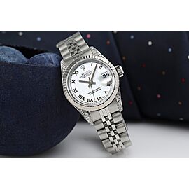 Ladies 26mm Rolex Datejust SS White Roman Dial Classic + Lugs with Diamonds Wrist Watch