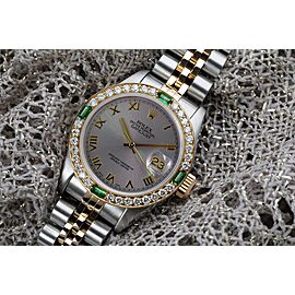 Lady Rolex 26mm Dark Grey Roman Numeral Dial Diamond + Emerald Bezel Two Tone Watch