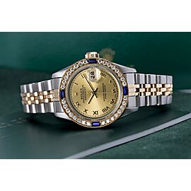 Ladies Rolex 26mm Champagne Roman Dial Diamond+Sapphire Bezel Two Tone Watch