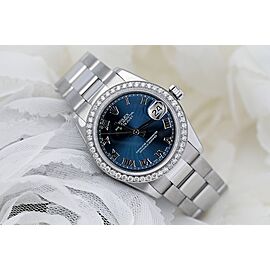 Rolex Datejust Stainless Steel Watch Blue Roman Dial and Diamond Bezel Oyster Band