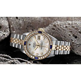 Ladies Rolex Silver Diamond Dial Diamond+Sapphire Bezel Two Tone Watch
