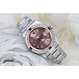Rolex 31mm Datejust Pink Stick Dial Oyster SS Watch Diamond & Ruby Bezel New Style