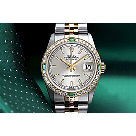 Women's Rolex Datejust Vintage Diamond Bezel with Emeralds Silver Index Dial Two Tone Watch