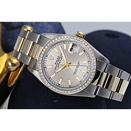 Men's Rolex 36mm Datejust Silver Stick Dial with Diamond Bezel Two Tone Watch